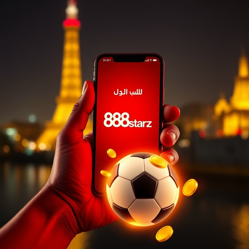 A hand holding a luxury smartphone displaying the official 888starz Egypt app with a sleek red and black interface in Arabic, background is the Cairo Tower and the Nile River at night with vibrant golden and red bokeh lights, 3D golden coins and a soccer 